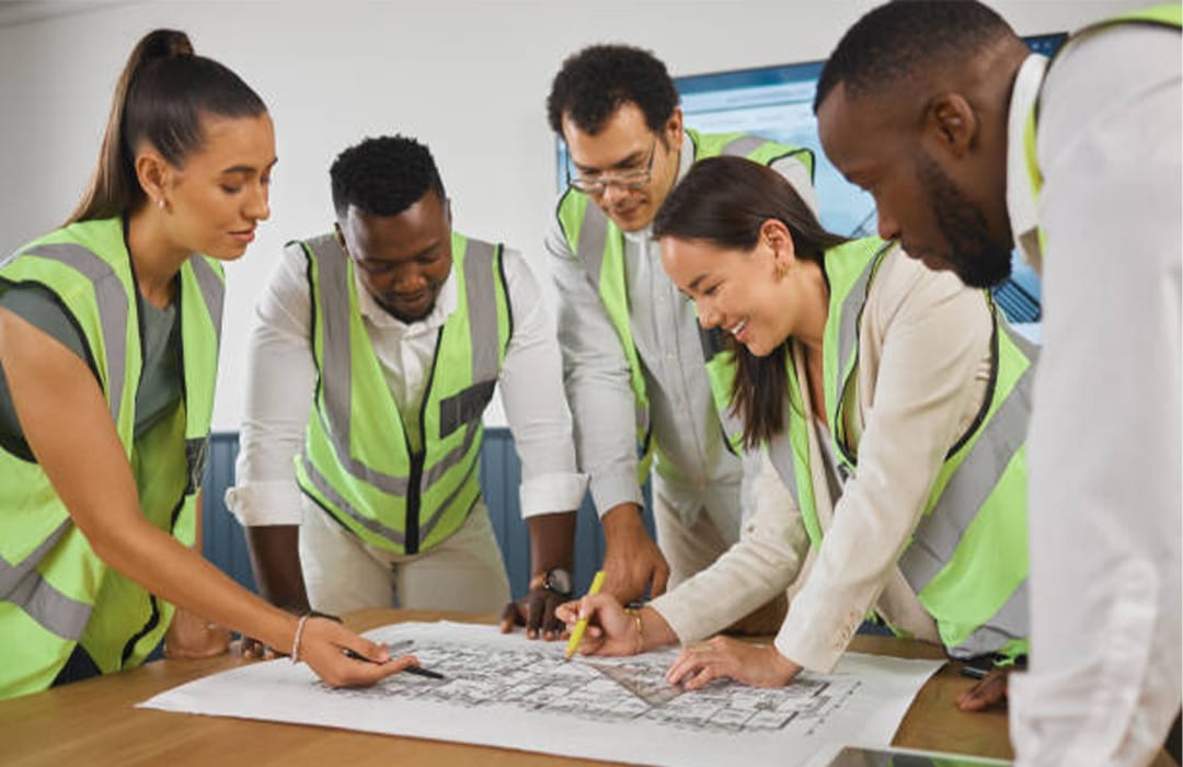 Construction team reviewing house building plans together