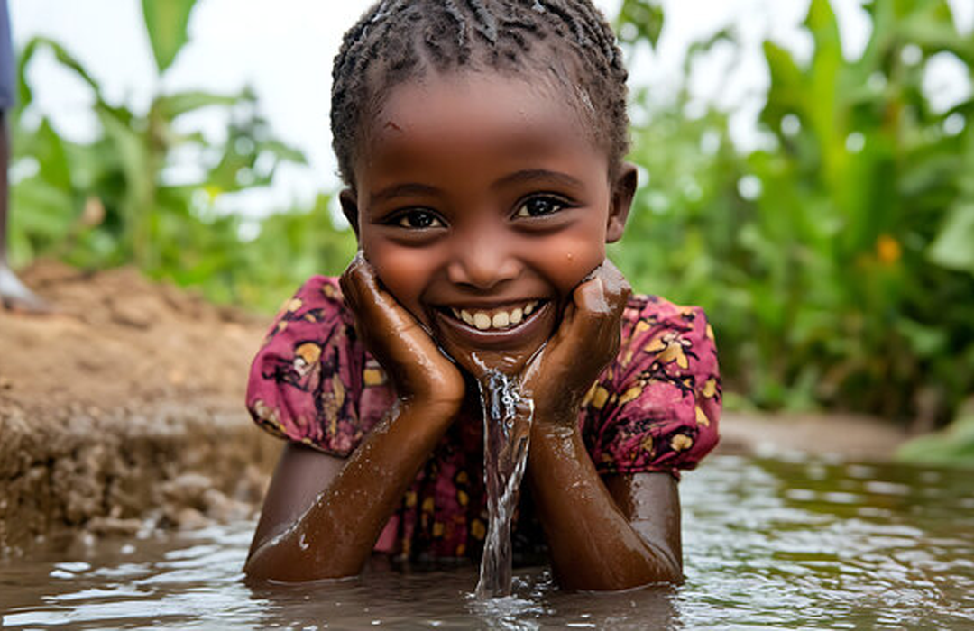Smiling girl with clean water from a borehole drilled by Kenya Houses